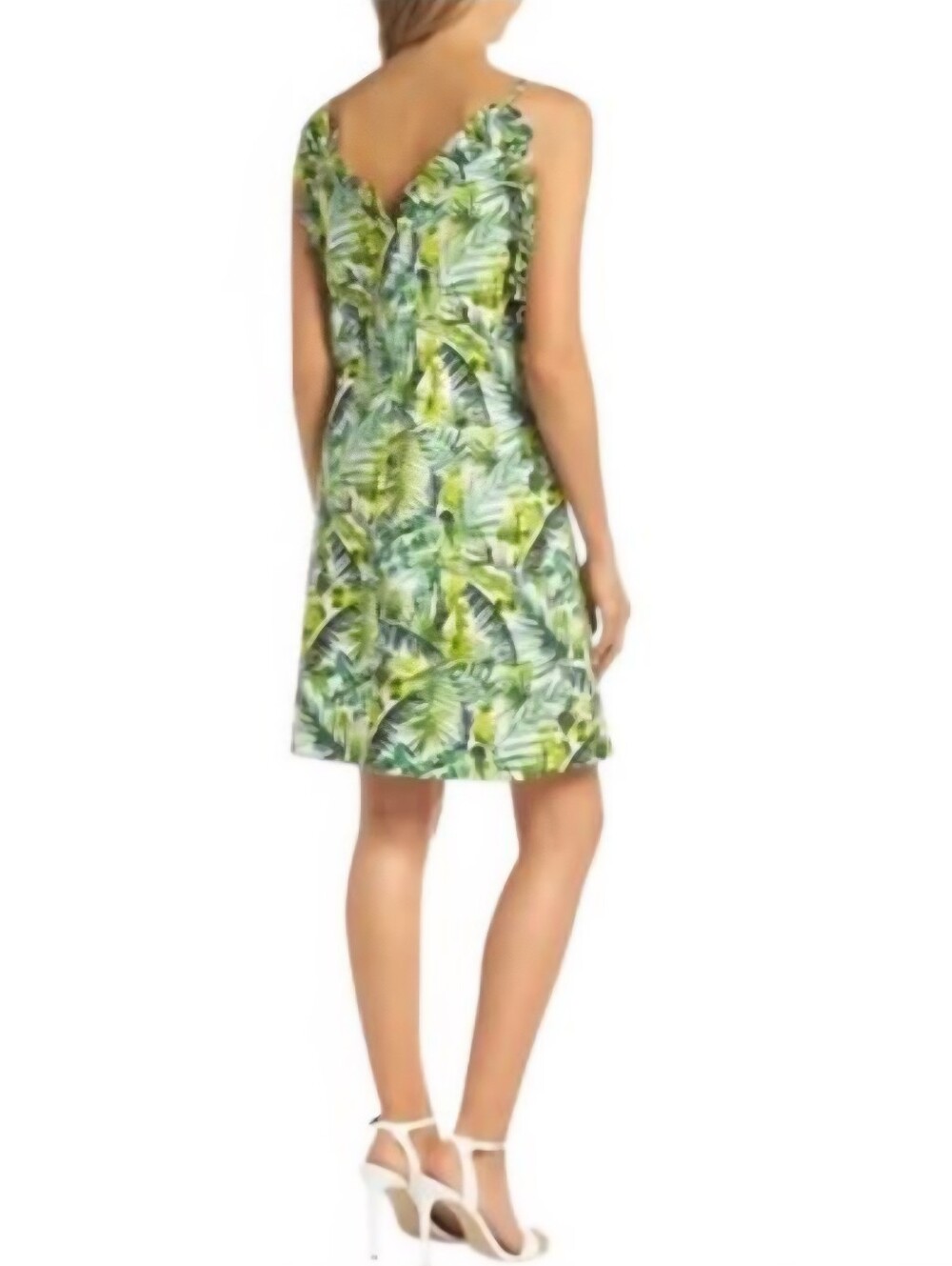 Clover And Sloane 100% Cotton Green Palm Leaf Dress Women's Small S Lined Ruffle - Picture 3 of 9